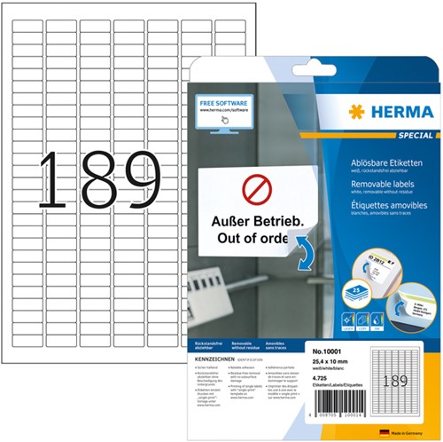 Etiket HERMA 10001 A4 25.4x10mm verwijderbaar wit 25 Vel