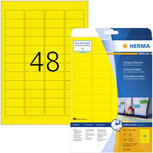 Etiket HERMA 4366 A4 45.7x21.2mm verwijderb geel 25 Vel