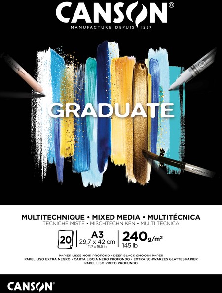 Bloc à dessin Canson Graduate Mixed Media Black paper A3 20 feuilles ...