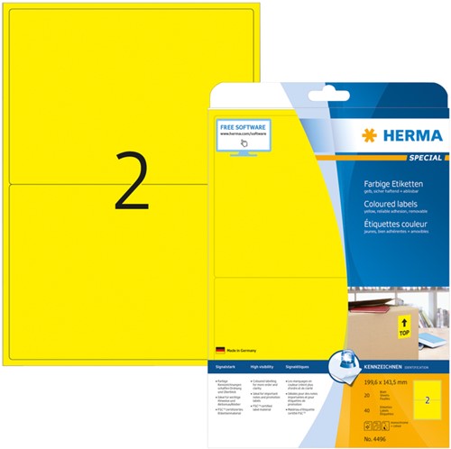 Etiket HERMA 4496 199.6x143.5mm 40stuks geel 20 Vel