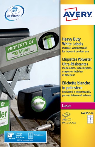 Etiket Avery L4715-20 99.1x67.7mm wit 160stuks 20 Vel