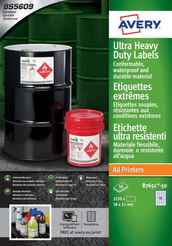 Etiket Avery B7651-50 38x21mm polyester wit 3250st 50 Vel