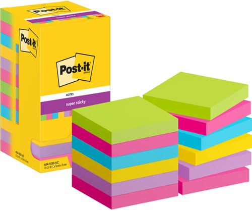 Memoblok Post-it 654 Super Sticky 76x76mm rainbow 12 Stuk