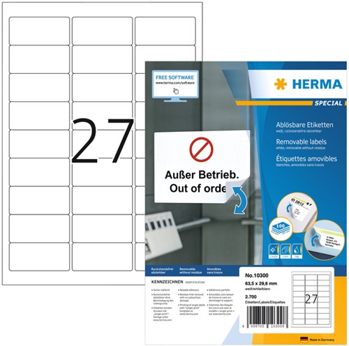 Etiket HERMA 10300 63.5x29.6mm wit 2700 etiketten 100 Vel