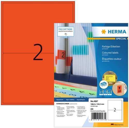 Etiket HERMA 4567 199.5x143.5mm rood 200 etiketten 100 Vel