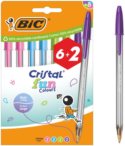 Stylo bille BIC Cristal Fun Large assorti 6 + 2 gratuits 8 pak