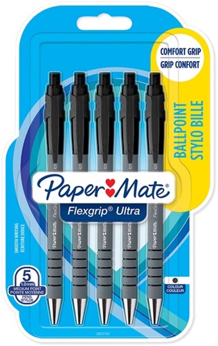 Stylo bille Paper Mate Flexgrip Ultra Medium noir blister 5 pièces 5 Stuk