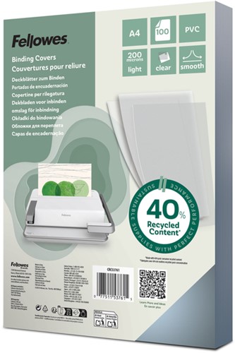Voorblad Fellowes A4 PVC 200micron transparant 100 Stuk