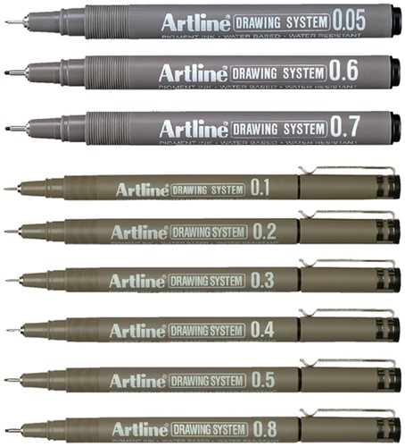Fineliner Artline technisch 0.2-0.4-0.6-0.8mm zw 4 Stuk-2