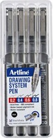 Fineliner Artline technisch 0.2-0.4-0.6-0.8mm zw 4 Stuk