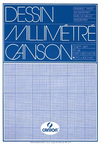 Bloc de papier millimétré Canson A3 impression bleu 50 feuilles 72g blanc 50 Vel
