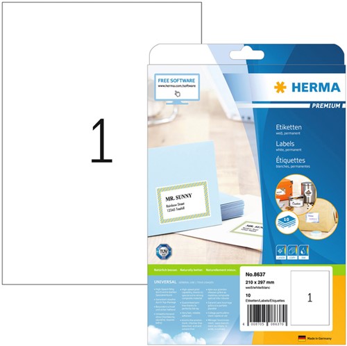Etiket HERMA 8637 210x297mm A4 premium wit 10stuks 10 Vel