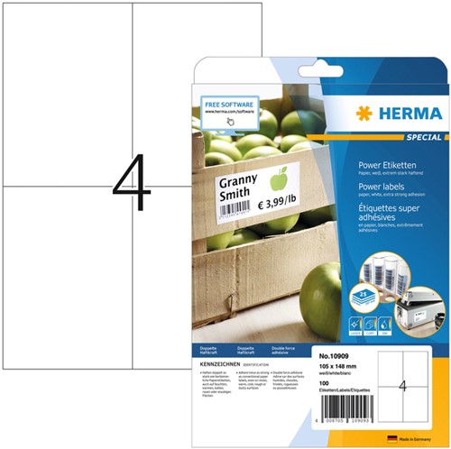 Etiket HERMA Power 10909 105x148mm wit 100stuks 25 Vel