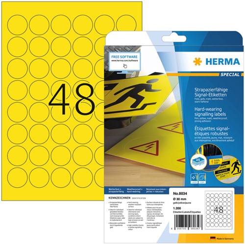 Etiket HERMA 8034 30mm rond 1200stuks geel 25 Vel