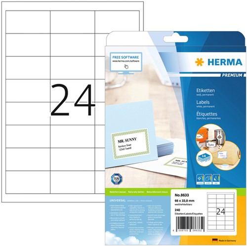 Etiket HERMA 8633 66x33.8mm premium wit 240stuks 10 Vel