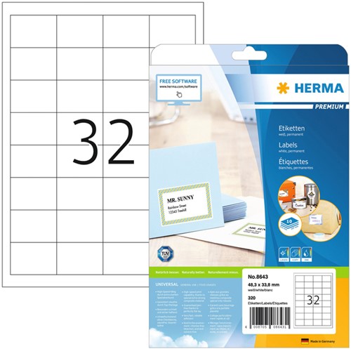 Etiket HERMA 8643 48.3x33.8mm premium wit 320stuks 10 Vel