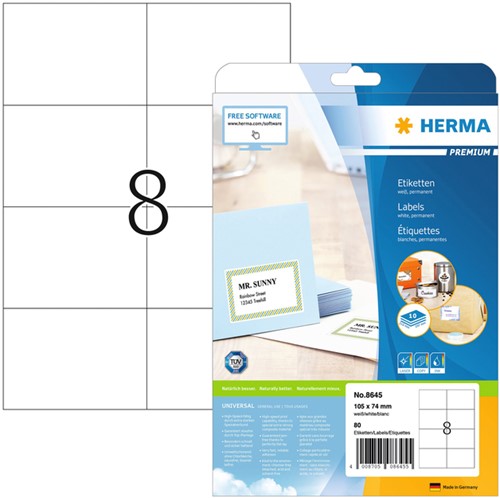 Etiket HERMA 8645 105x74mm premium wit 80stuks 10 Vel