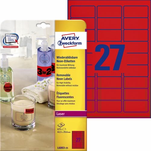 Etiket Avery L6003-25 63.5x29.6 neon rood 675stuks 25 Vel