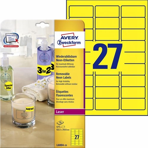 Etiket Avery L6004-25 63.5x29.6 neon geel 675stuks 25 Vel