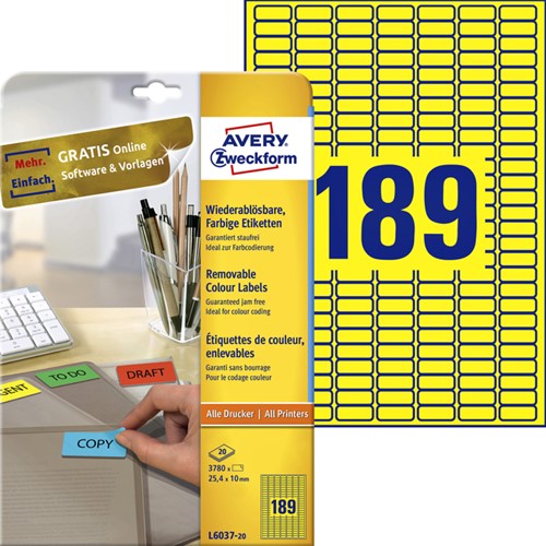 Etiket Avery L6037-20 25.4x10mm geel 3780stuks 20 Vel