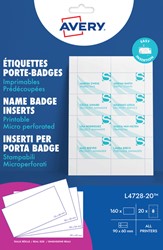 Insert pour badge Avery L4728-20 60x90mm micro perforation 20 feuilles 20 Vel