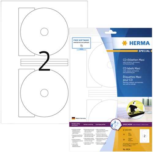 Etiquette HERMA 8624 CD 116mm blanc opaque 20 pièces 10 Vel