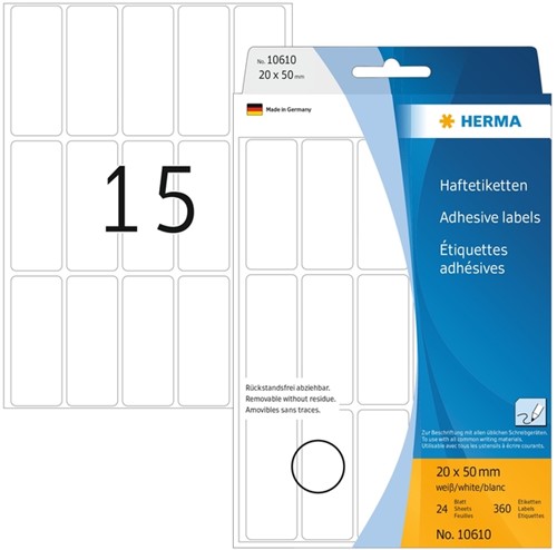 Etiket HERMA 10610 20x50mm verwijderbaar 360stuks 24 Vel