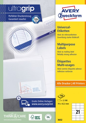 Etiket AZ 3652 70x42.3mm wit 2100stuks 100 Vel