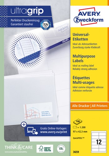 Etiket AZ 3659 97x42.3mm wit 1200stuks 100 Vel