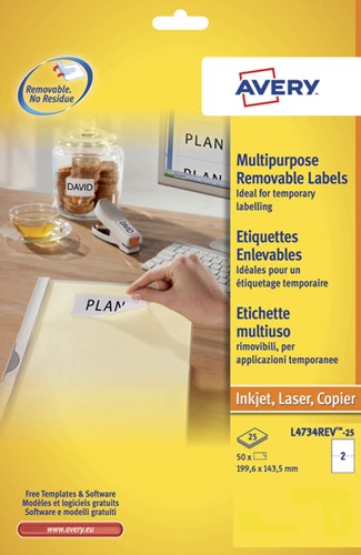 Etiquette Avery amovible L4734REV-25 199,3x143,5mm 50 pièces 25 Vel