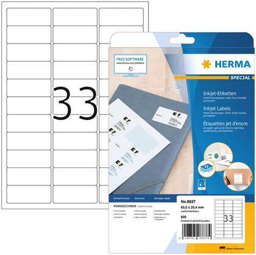 Etiket HERMA 8837 63.5x25.4mm mat wit 825stuks 25 Vel