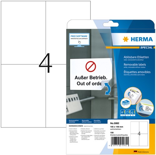 Etiket HERMA 5082 105x148mm verwijderb wit 100st 25 Vel
