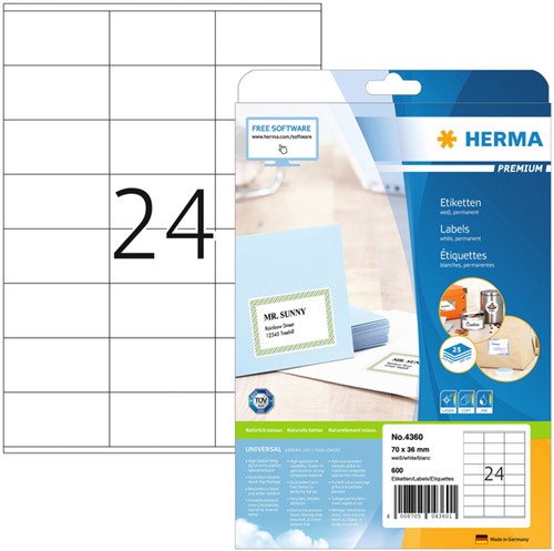 Etiket HERMA 4360 70x36mm premium wit 600stuks 25 Vel