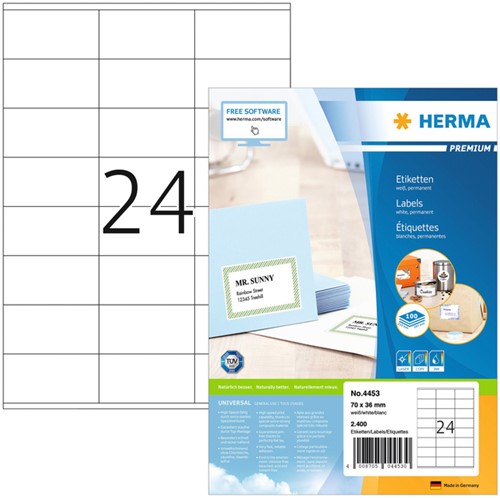 Etiket HERMA 4453 70x36mm premium wit 2400stuks 100 Vel
