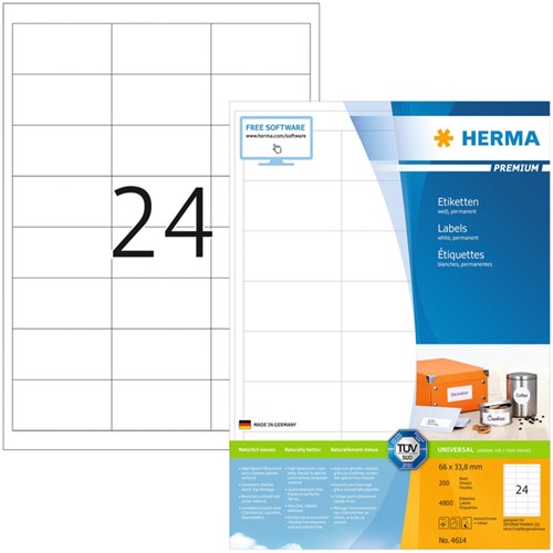 Etiket HERMA 4614 66x33.8mm premium wit 4800stuks 200 Vel