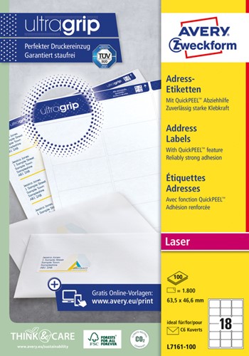 Etiket Avery L7161-100 63.5x46.6mm wit 1800stuks 100 Vel