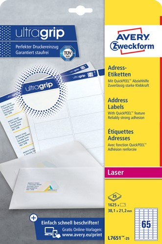 Etiket Avery L7651-25 38.1x21.2mm wit 1625stuks 25 Vel