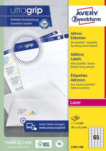 Etiket Avery L7651 38.1x21.2mm wit 6500stuks 100 Vel