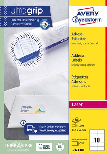 Etiket Avery L7173 99.1x57mm wit 1000stuks 100 Vel