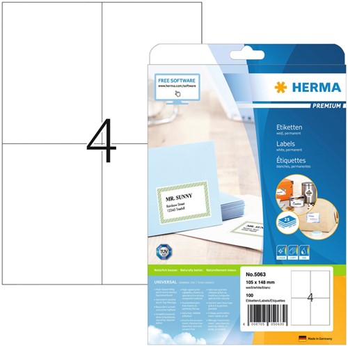 Etiket HERMA 5063 105x148mm A6 prem wit 100stuks 25 Vel