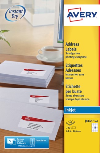 Etiket Avery J8161-40 63.5x46.6m wit 720stuks 40 Vel