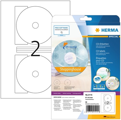 Etiket HERMA 5115 CD 116mm wit 50stuks 25 Vel