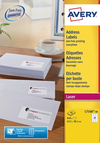Etiket Avery L7160-40 63.5x38.1mm wit 840stuks 40 Vel