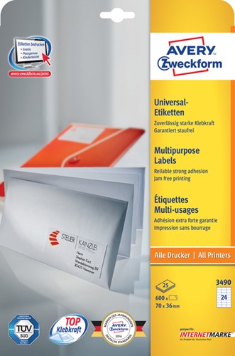 Etiket AZ 3490 70x36mm wit 600stuks 25 Vel