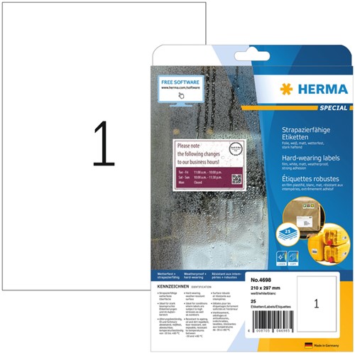 Etiket HERMA 4698 210x297mm wit 25stuks 25 Vel
