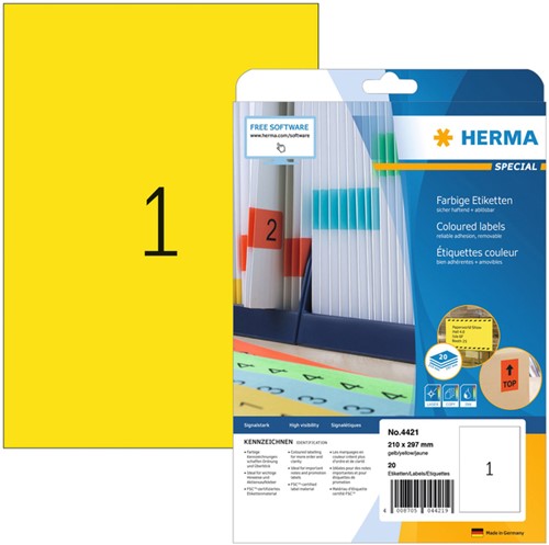 Etiket HERMA 4421 210x297mm verwijderb A4 gl 20st 20 Vel