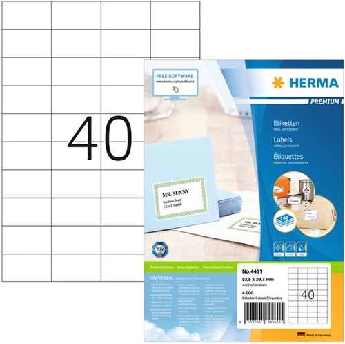 Etiket HERMA 4461 52.5x29.7mm prem wit 4000stuks 100 Vel