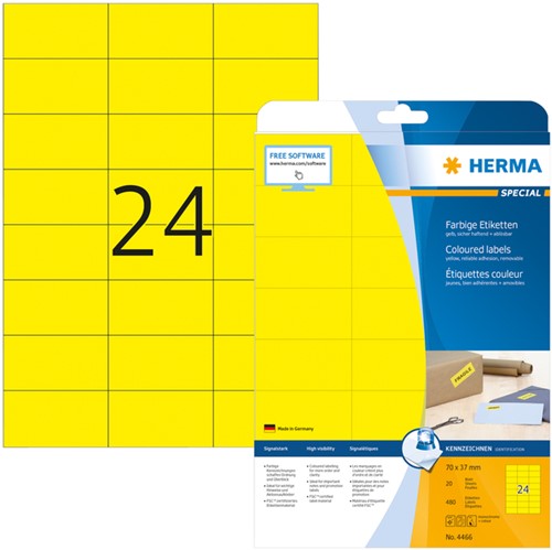 Etiket HERMA 4466 70x37mm verwijderbaar geel 480st 20 Vel