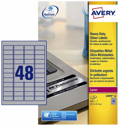 Etiket Avery L6009-20 45.7x21.2mm zilver 960stuks 20 Vel