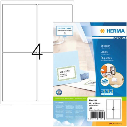 Etiket HERMA 4250 99.1x139mm premium wit 400stuks 100 Vel